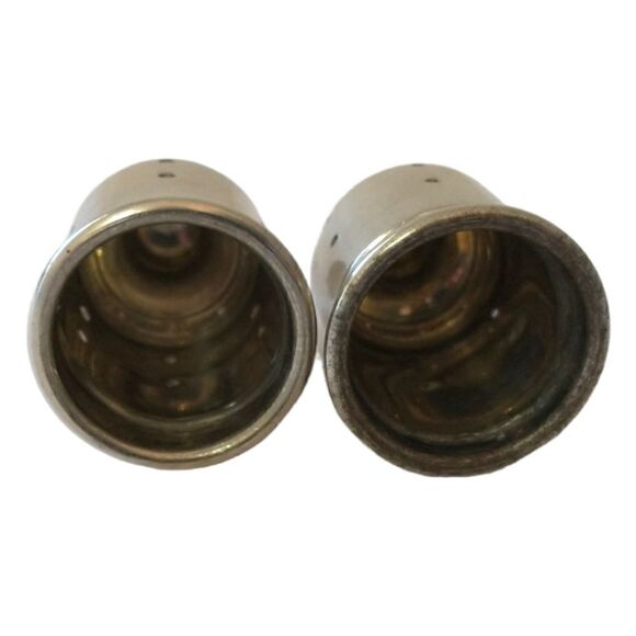 Web Pewter Salt Pepper Shaker Set Amber Glass Lined Weighted Vtg 80s Farmhouse. - Picture 10 of 16